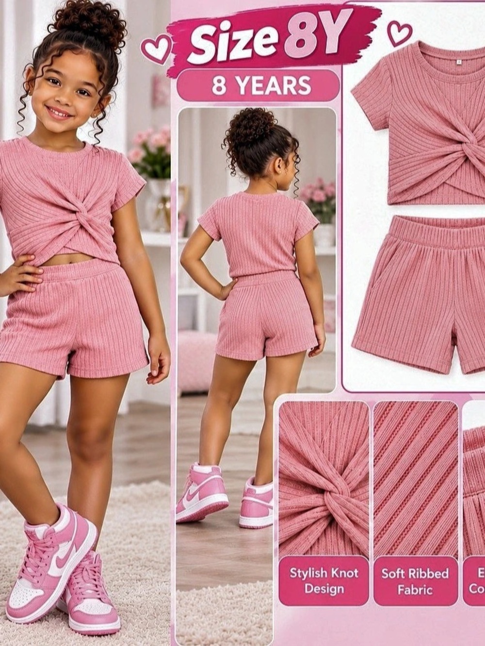 Girls Pink Knit Top & Shorts Set Size 8Y